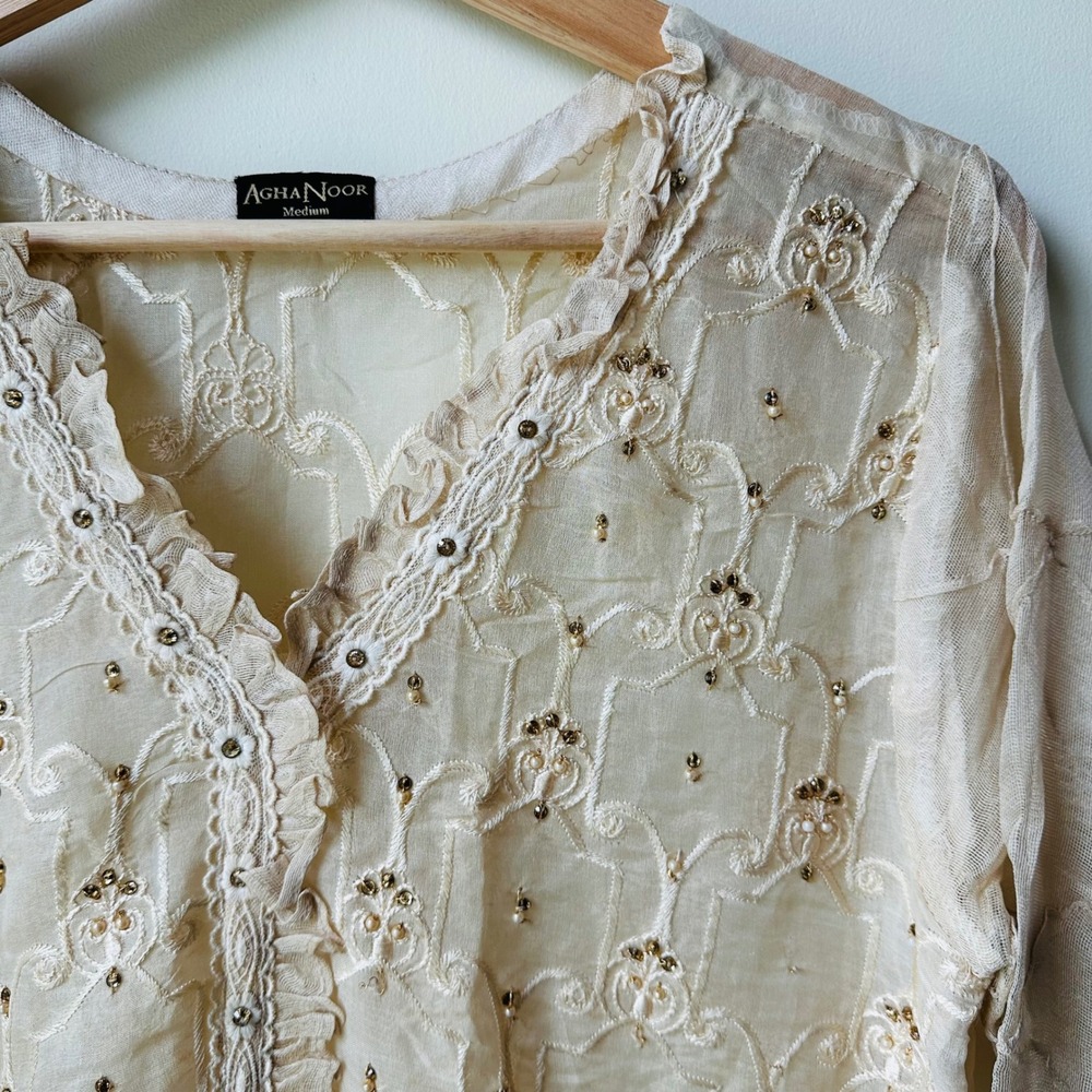 Agha Noor Kurta Tunic Cream Embroidered Organza Medium Wedding Eid Formal - Picture 4 of 9